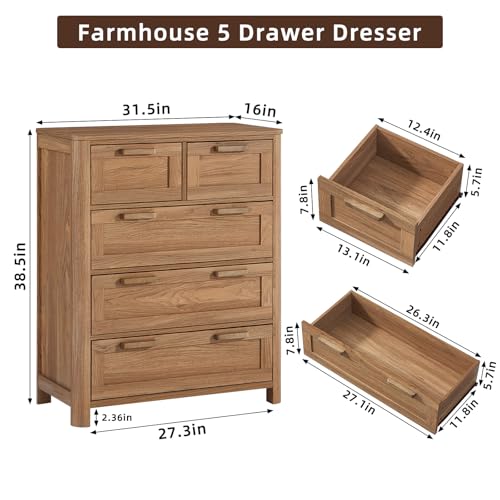 Image of Joaxswe Farmhouse 5 Drawer Dresser for Bedroom, Vertical Dressers Chest of Drawers with 5 Deep Drawers & 4 Thickened Table Legs & Rounded Corners, Brown