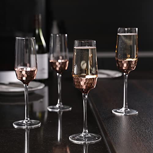 Mygift 8 Oz Premium Quality Flutes With Rose Gold Metal Hammered Design, Champagne Glass Set, Stemmed Holiday Toasting Drinkware, Set Of 4 #TOP1