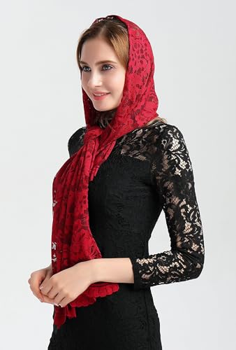 Leimandy Rectangular Veil for Church Head Covering Mantilla Veil Catholic Mantilla Orthodox Veils Long Chapel Veils V25 (Red) - Thumbnail 5