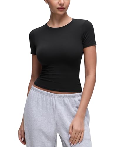 El Mejor Listado de Camisetas y tops para Mujer del mes. 46 CRZ YOGA Softembrace Camiseta de Manga Corta Tops for Mujeres Suave Cuello Redondo Casual Ajustadas Básicas Negro Mediano
