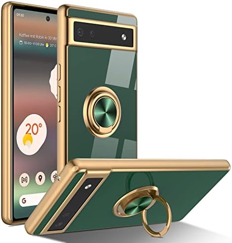 ZTOFERA Compatible with Google Pixel 6a Case with 360 Degree Rotation Stand Ring Holder, Flexible Silicone Phone Case with Magnetic Metal for Car Mount Gold Edging Shockproof Cover, Dark Green