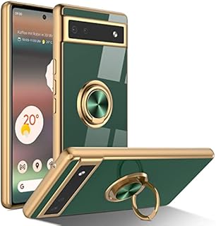 ZTOFERA Compatible with Google Pixel 6a Case with 360 Degree Rotation Stand Ring Holder, Flexible Silicone Phone Case with Magnetic Metal for Car Mount Gold Edging Shockproof Cover, Dark Green