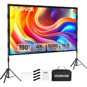 VOOPVOR 100 Inch Projector Screen with Stand, Portable Indoor Movie Screen | 100-inch projector screen with stable square tube stand, portable design, quick setup and carry bag for indoor & outdoor
