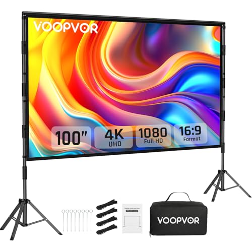 VOOPVOR 100 Inch Projector Screen with Stand Portable Indoor Movie Screen