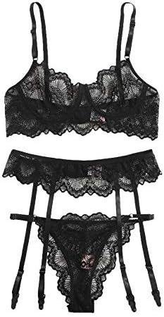 Amazon.com: SheIn - Conjunto de lencería con encaje floral para mujer, 3  piezas, con liguero y un brasier sexy. : Ropa, Zapatos y Joyería