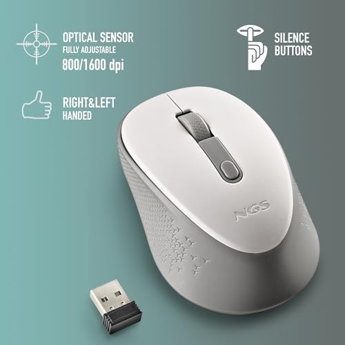 NGS Dew White – bezprzewodowa mysz optyczna, ergonomiczna mysz, cicha mysz bezprzewodowa, wysoka precyzja z nano-odbiornikiem, oburęczna, regulacja 800/1600 DPI, Plug & Play