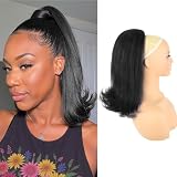 Rafabcici Drawstring Ponytail Extension for Black Women 14 Inch Yaki Kinky Straight Ponytail Flick Style Hairpiece Synthetic Natural Black