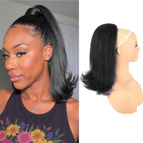 Drawstring Ponytail Extension for Black Women 14 Inch Yaki Kinky Straight Ponytail Flick Style Hairpiece Synthetic Natural Black Rafabcici