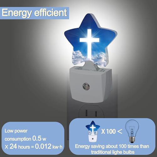 Image of Cross Heaven Night Light,White Cross Sunset Plug-in Star Night Lights with Dusk-to-Dawn Sensor for Bedroom,Bathroom,Living Room Sleep Friendly Lamp for Women Girls Boys Gift,0.5W