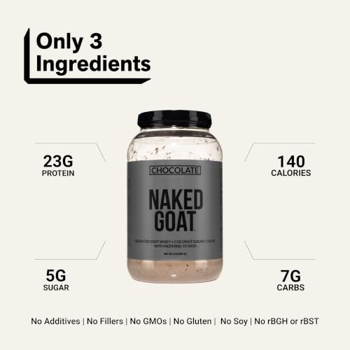 Image of NAKED Goat Chocolate Protein Powder - Pasture Fed Goat Whey Protein Powder from Small-Herd Dairies - Only 3 Ingredients - GMO Free, Soy Free - All Natural - 23 Grams of Protein - 25 Servings