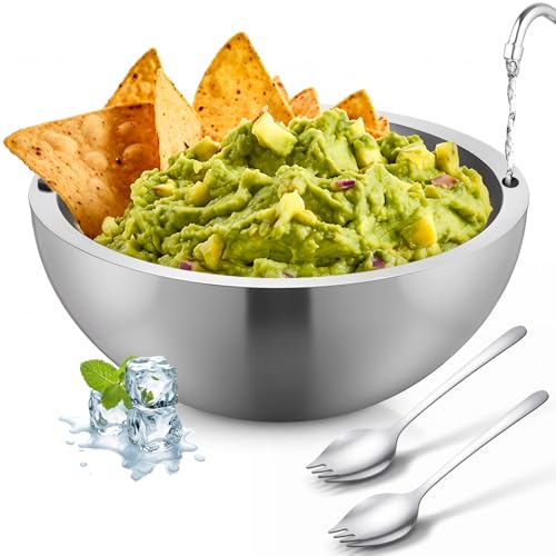 LemonRoad 1 Pack 70 oz Chilled Dip Bowl, Silver Stainless Steel Dish