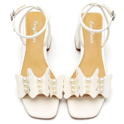 CosyFever Women's White Dressy Low Block Heel Sandals with Pearl Butterfly by CosyFever - Used condition - Image 6