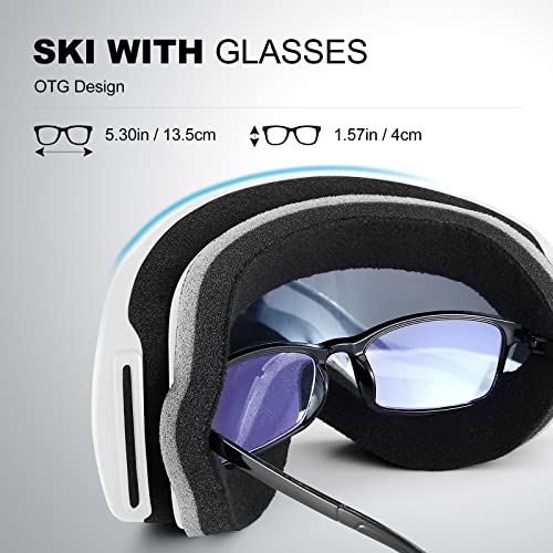 Odoland Snow Ski Goggles S2 Double Lens Anti-Fog Otg Windproof Uv400 Eyewear For Men, Women And Youth-Skiing Snowboarding, White Frame Blue Lens Vlt 35% #TOP3