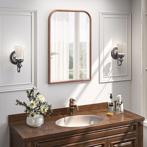 Image of 24 inchx36 inch Arch Wall Mirror for Wall, Wall Mounted Vanity Mirror for Bedroom, Wood Grain Finish Frame Mirror with Tempered Glass, Vintage Decorative for Bathroom, Entryway, Living Room, Walnut
