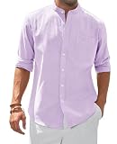 siliteelon Stehkragenhemd Langarm Sommer Linenshirt Camp Freizeithemd Strandurlaub Ausflugs Date Herrenhemden mit Taschen Hellviolett L