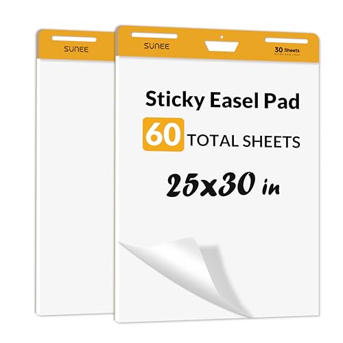 SUNEE Sticky Easel Pads, 25x30 Inches, 30 Sheets/Pad, 2 Pack – Self Stick Flip Chart Paper for Whiteboards, Premium Large White Chart Paper