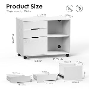 DUMOS Lateral File Cabinet with 3 Drawers, Rolling Wooden Printer Stand Under Desk Storage Organizer with 4 Wheels Adjustable Shelf for Office Home, White DUMOS Lateral File Cabinet with 3 Drawers Rolling Wooden Printer Stand Under Desk Storage Organizer with 4 Wheels Adjustable Shelf for Office Home White