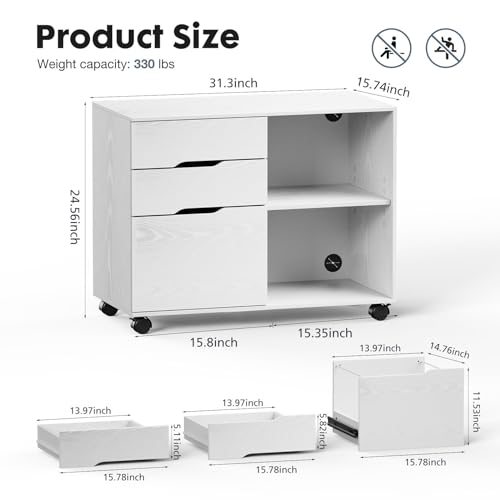 DUMOS-Lateral-File-Cabinet-with-3-Drawers-Rolling-Wooden-Printer-Stand-Under-Desk-Storage-Organizer-with-4-Wheels-Adjustable-Shelf-for-Office-Home-White DUMOS Lateral File Cabinet with 3 Drawers Rolling Wooden Printer Stand Under Desk Storage Organizer with 4 Wheels Adjustable Shelf for Office Home White