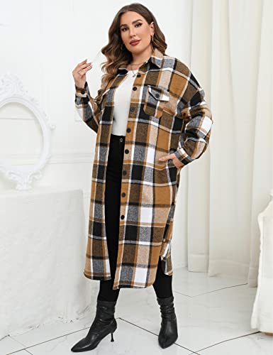 ZOMVA 2025 Women's 0X-5X Plus Size Long Flannel Plaid Shacket Jacket Oversized Button Down Coats Shirts with Pockets3