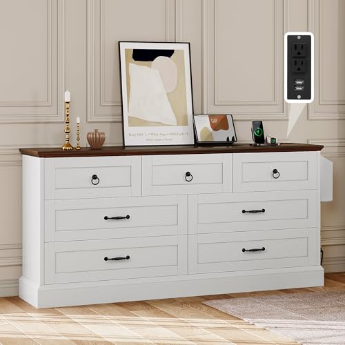 YITAHOME Farmhouse 7 Drawers Dresser, 59" Wide Wood Rustic Drawers with Nice Texture, Vintage Design, Storage Dressers Organizer for Living Room, Hall