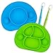 RIGSTYLE Silicone Feeding Set: Divided Plate and Bowl Placemats with Suction Cups Plus 2 Spoons, for Babies, Toddlers and Kids (Blue/Green)