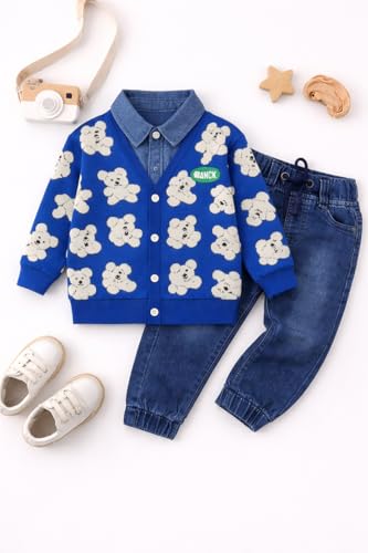 Image of Bold N Elegant Teddy Bear Cartoon Print Cardigan Jacket Attached Shirt & Denim Jeans Pant Winter Party Clothing Set for Boys Girls Kids