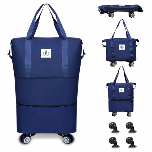 Btag Travel Duffle Bag with Wheels | Convertible Handbag, Trolley & Shoulder Luggage for Clothes | Space-Saving Foldable Travel Companion | Expandable & Waterproof Traveling Bag for Unisex (Navy Blue)