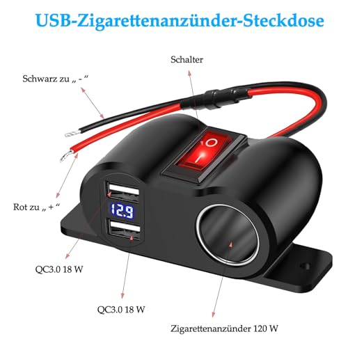 WIOONI 12V 120W Zigarettenanzünder Steckdose mit QC3.0 USB-A, 18W+18W Schnellladebuchse mit Voltmeter, Schalter und LED-Anzeige für 12-24V Auto, LKW, Boot, Wohnmobil