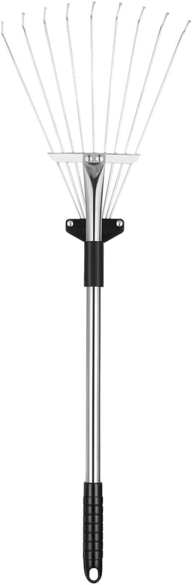 Adjustable Retractable Garden Leaf Rake with 9-Tine Aluminum Handle for Lawn and Shrub Cleaning, Metal Gardening Tool for Yard and Patio Maintenance