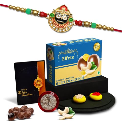 Image of DeoDap Multicolor Red Roli Chawal Rakhi Bracelets with Chocolate Butter Scotch 32gm, Silver Pooja Coin, Tilak Set, Greeting Card - Rakhi Gift for Brother