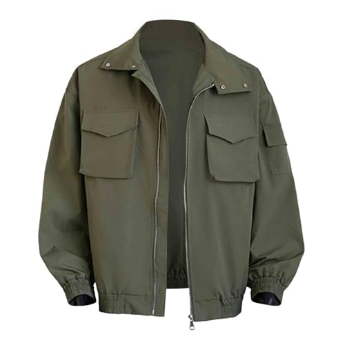 Munweiyu Chaqueta bomber ligera y fina para hombre, chaqueta de entretiempo, varios bolsillos, chaqueta de aviador, cremallera, ligera, cortavientos, abrigo de senderismo, chaqueta deportiva, Verde