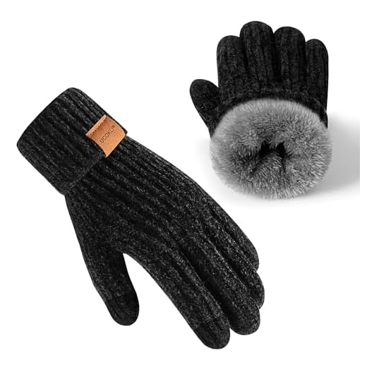 UCQKLI Winter Gloves for Women Chenille, Womens Gloves for Cold Weather Warm Fleece Lined with Touchscreen Fingers, Gloves for Women with Knit Elastic Cuff(Black