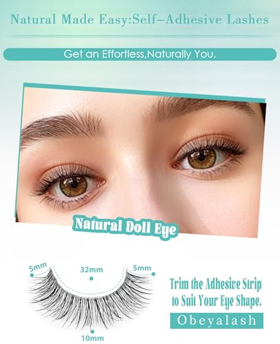 Obeyalash Pre Glued Eyelashes Natural - Pre Glued Lashes Self Adhesive Eyelashe No Glue Eyelashes 5 Pairs Natural Wispy Lashes With 10 Extra Adhesive Strips & Tweezer-For Beginners, Work & Parties