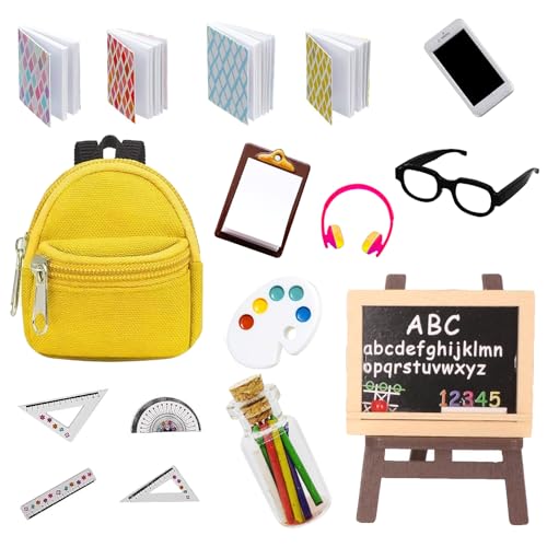 Xerteam 26Pcs Wichtel Zubehör 1:12 Puppenhaus Zubehör Miniatur Zubehör Mini-Tafelset Maltafel Schreibtafel Modell-Handy Schulranzen Stift Lineal Buch Brille Kopfhörer Kinder Geschenke