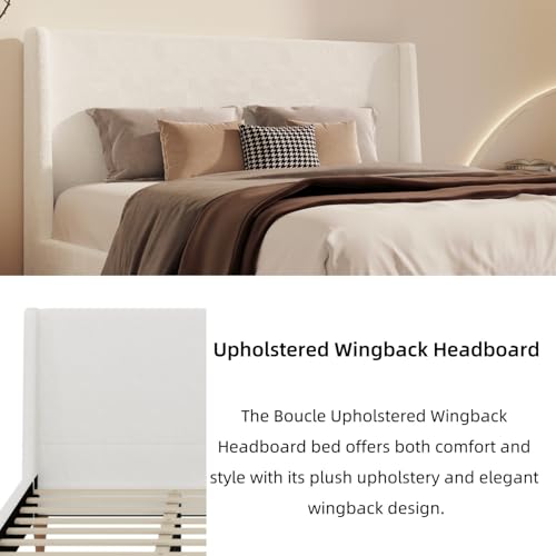 Image of Merax Boucle Queen Size Bed Frame with Wingback Headboard, Solid Wood Upholstered Platform with Walnut Wooden Legs, No Box Spring Needed, White