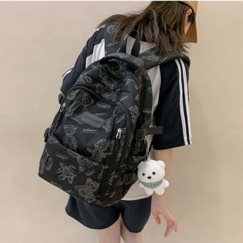 Cute Aesthetic Backpack Kawaii Bear Backpack with Cute Pendant Casual Daypack Travel Bookbag Large Capacity (White)3