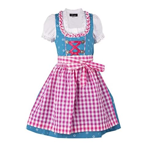 Ramona Lippert® - Children's Dirndl for Girls - Children's Dirndl Luna in Turquoise with Floral Pattern - 3-Piece Costume Dress - Costume Fashion - Costume with Apron - Turquoise - 86-92 cm Cover