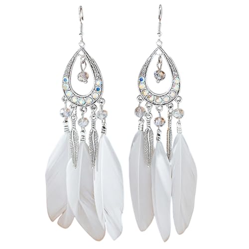 Image of Beadthoven 1 Pair Bohemian Feather Fringe Dangle Earrings Boho Ethnic Antique Silver Alloy Rhinestone Teardrop Earrings with Feather for Women Girls Jewellery, White