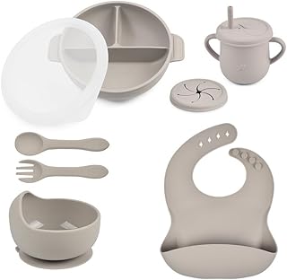 Silicone Baby Feeding Set - Perfect silicone plates for baby & Toddler Plates with lids, Baby Bowls with Suction, Baby Utensils - Baby Led Weaning Supplies & Eating Essentials - (Gray)