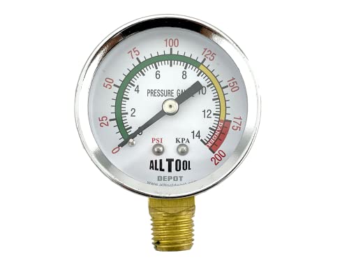 2" Air Pressure Gauge Lower Side Mount 1/4" NPT 2" Dial - 0 to 200 PSI (Color Coded)