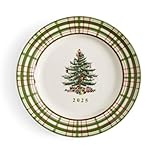 Spode Annual 2025 Collector Plate - Red & Green Plaid Border, Holiday Accent for Appetizers, Desserts & Display - 8 Inch Porcelain Plate, Microwave, Oven, Dishwasher & Freezer Safe