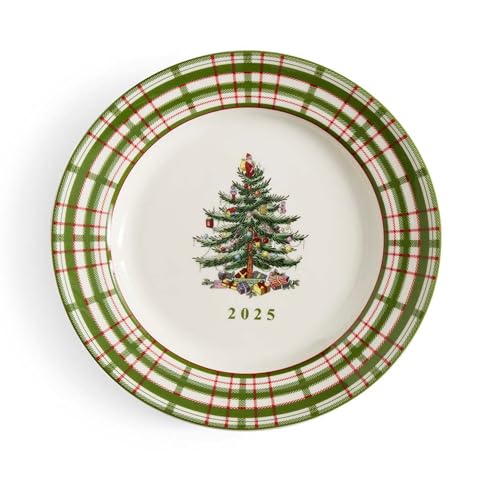 Spode Annual 2025 Collector Plate - Red & Green Plaid Border, Holiday Accent for Appetizers, Desserts & Display - 8 Inch Porcelain Plate, Microwave, Oven, Dishwasher & Freezer Safe
