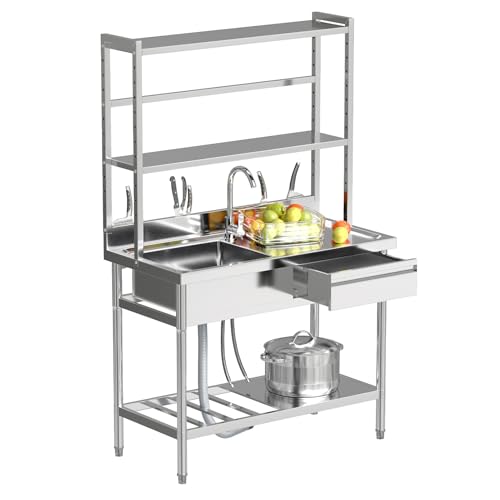 Toemics 39\'\' Stainless Steel Utility Sink, Free Standing Commercial Single Bowl Sink with Right Drawer & Shelves & Cold and Hot Water Pipe, Indoor and Outdoor Sink for Laundry Room, Garage, Kitchen
