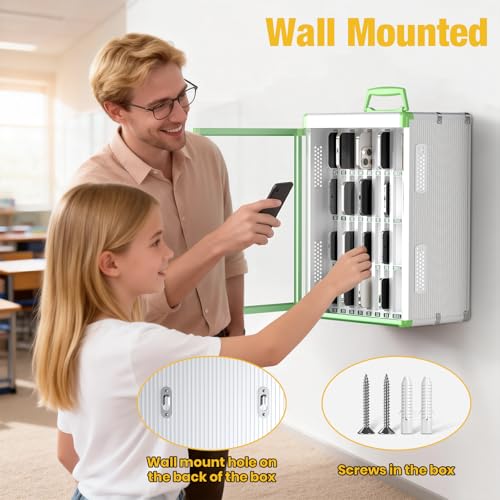 Glosen 36 Slots Cell Phone Locker, Portable Phone Storage Cabinet [Wall Mounted] [Aluminum Alloy] Cellphone Lock Box with Key & Handle for School Classroom Office Exam (Green) by Glosen - Image 4