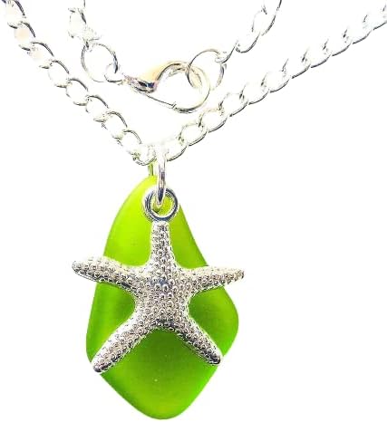 Green Sea Glass Necklace With Nautical Starfish Surf Ocean Beach Unisex Pendant on a 24 Silver Color Chain Young Handmade Mermaid Tears Jewelry Gift Under 20 Dollars