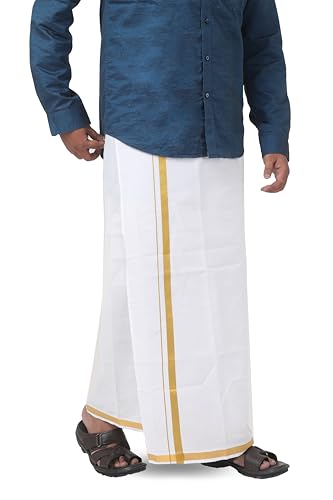 Image of Adjustable Velcro with Pocket Cotton Dhoti with Gold Jari Border, For Men (28 to 44 inches)
