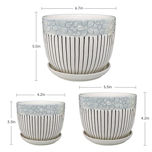 Ton Sin Grey Flower Pots, Texture Planter for Indoor Plants Set of 3 Ceramic Flower Pots with Saucer, Cute Garden Pots Succulent Pots, 6.75/5.6/4.2 Inch, Indoor Outdoor Home Garden Decor by Ton Sin - Image 2