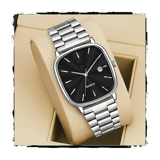 Image of Acnos Luxury Square Dial Quartz Watch for Men & Women - Stainless Steel Bracelet, Minimalist Analog Wristwatch with Date Window Pack of 1