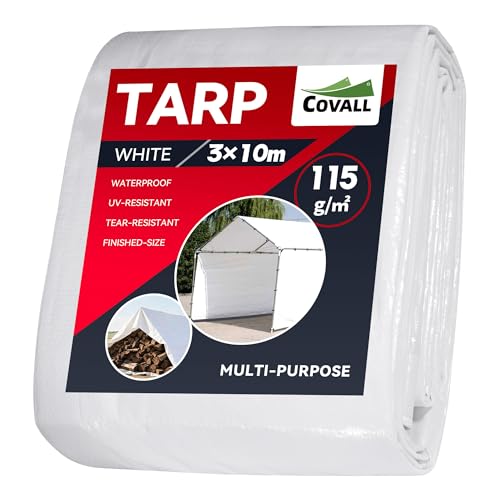 Image of COVALL Large Tarpaulin 3m x 10m, Waterproof Heavy Duty Tarp 115GSM, White Ground Sheets for Camping with Eyelets, UV-resistant Windproof Cover for Outdoor Pergola Roof Gazebo Garden Boat RV Truck