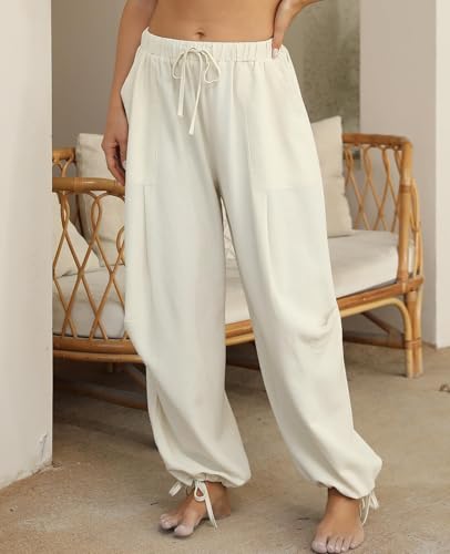 Image of Women's Linen Balloon Barrel Beach Pants Boho Harem Flowy Drawstring Casual Loose Pants with Pockets